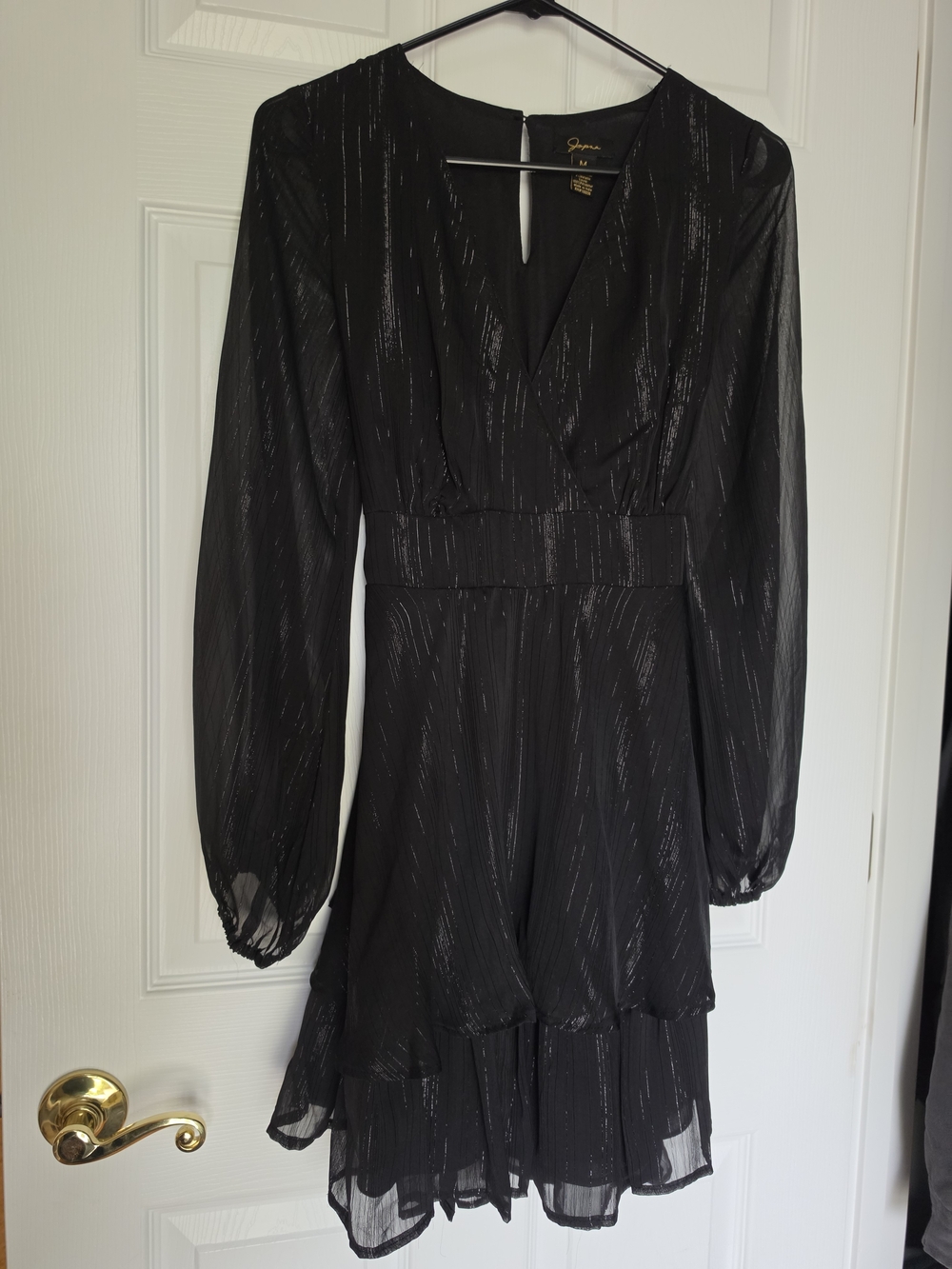 Japna Black Shimmery Wrap Dress Sheer Long Sleeves Deep V Flare M